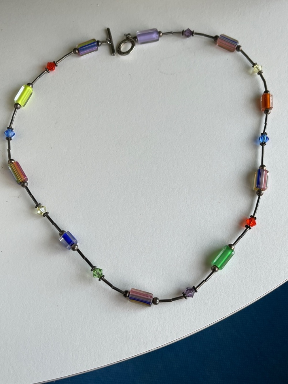 Vintage Shube Sterling Silver Multicolor Glass Bead Necklace 90s Art Jewelry - Picture 3 of 10